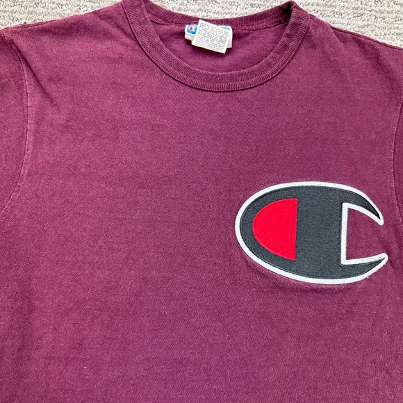Champion Shirt Women Small S Burgundy Big Embroidered Chest Logo T-Shirt Ladies - Picture 4 of 11